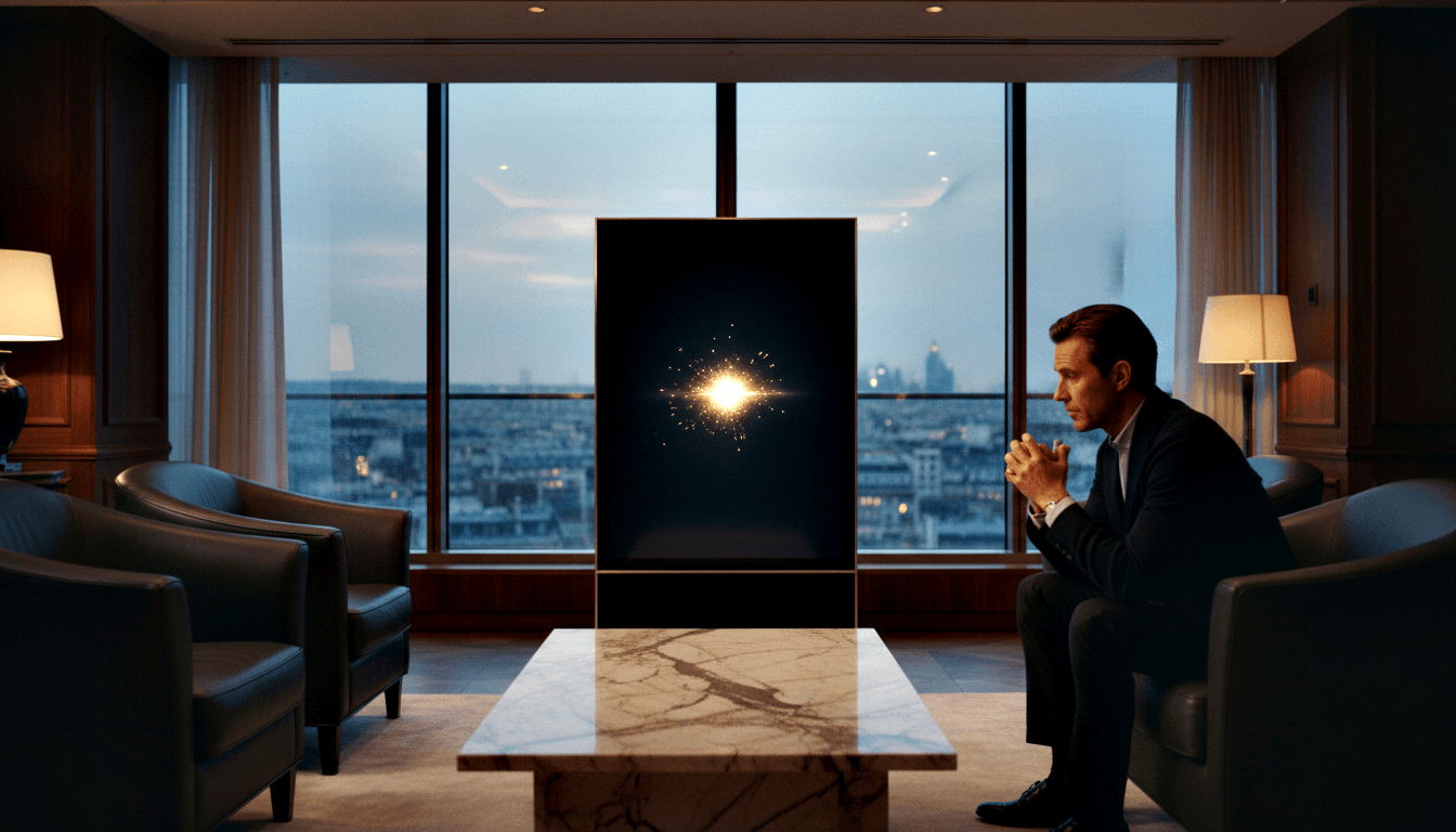 Man in dark suit sits in armchair, hands clasped, gazing at a tall dark panel with a glowing golden star-shaped light.