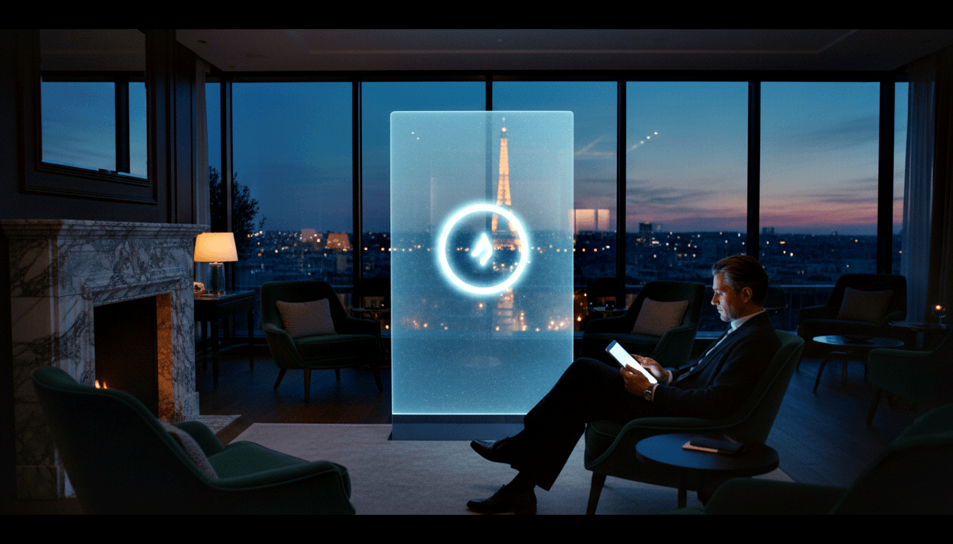 Middle-aged man in dark suit sits cross-legged in teal velvet armchair looking at glowing tablet in dim high-rise room.