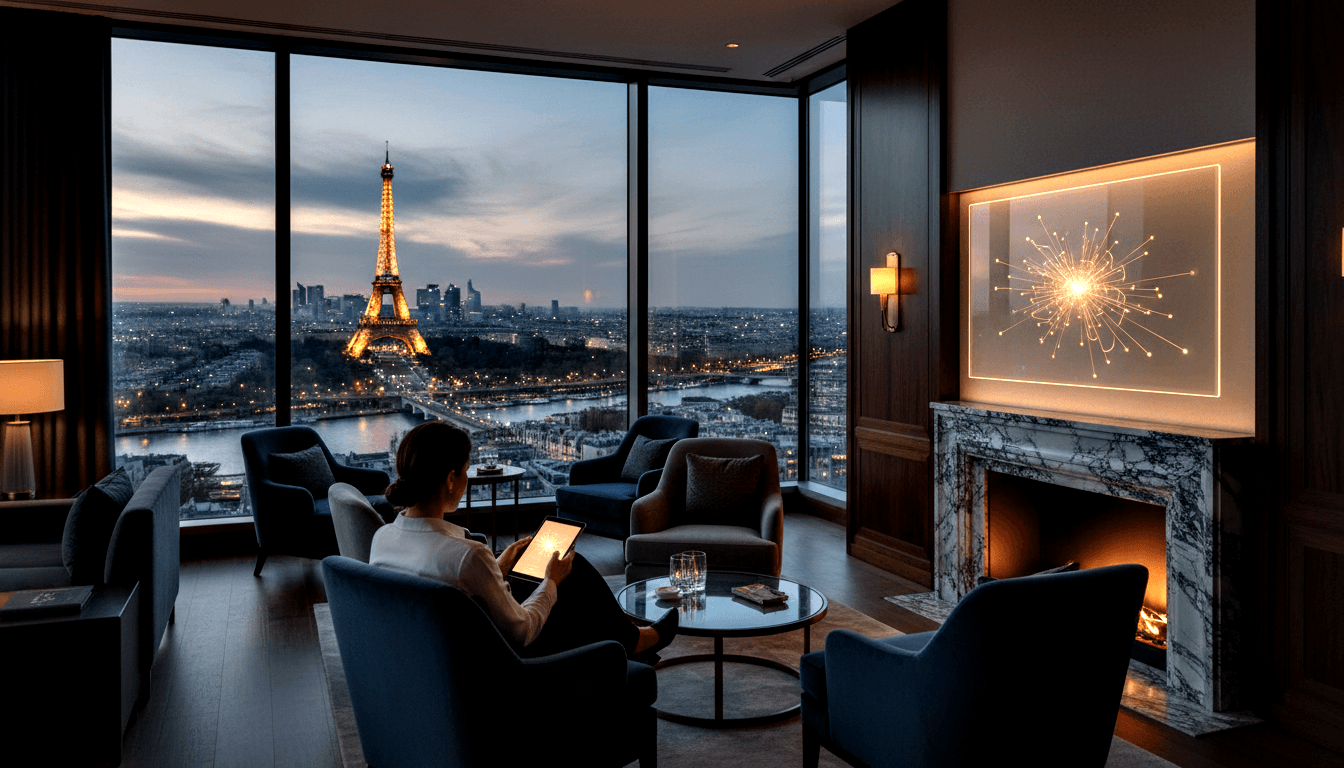 Lounge with corner windows, illuminated lattice tower at dusk; figure in blue velvet armchair holds glowing tablet, marble fireplace glows.