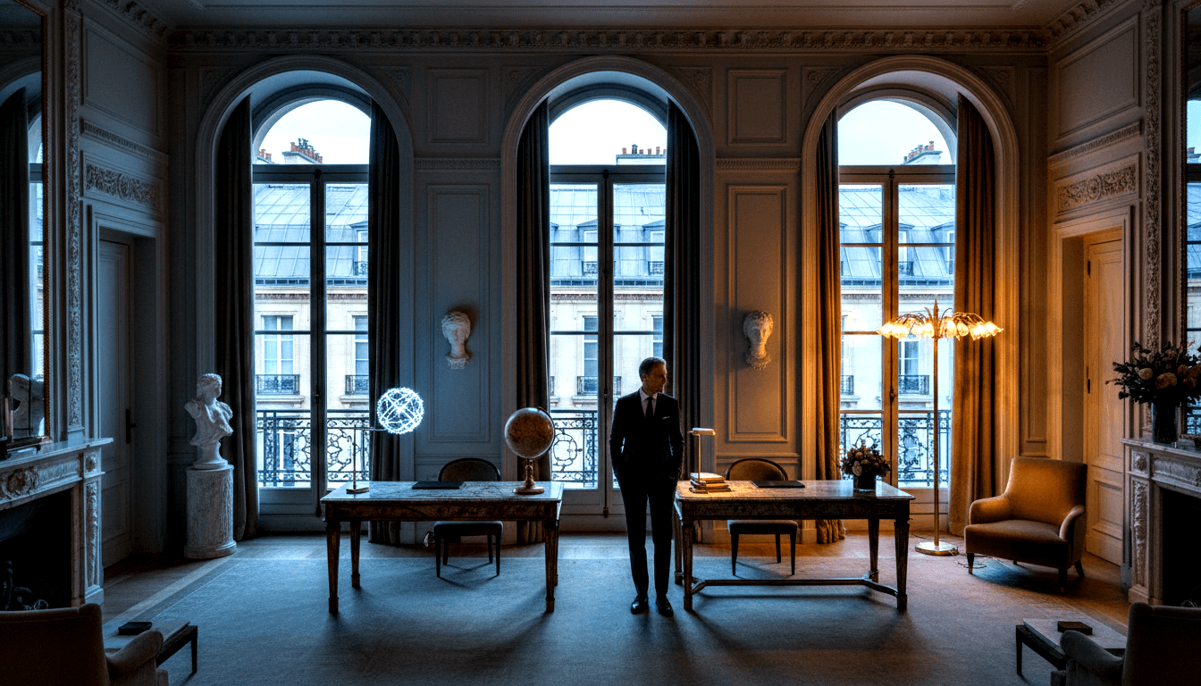 Man in dark suit between marble-topped antique desks in grand classical interior with ornate molding and arched windows.