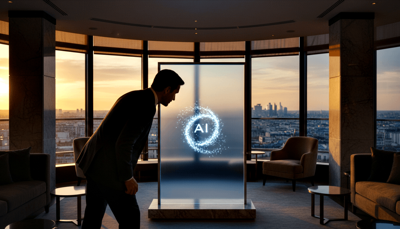 Man in dark suit examines a tall glass panel displaying a glowing holographic AI emblem with orbiting ring on a stone base.