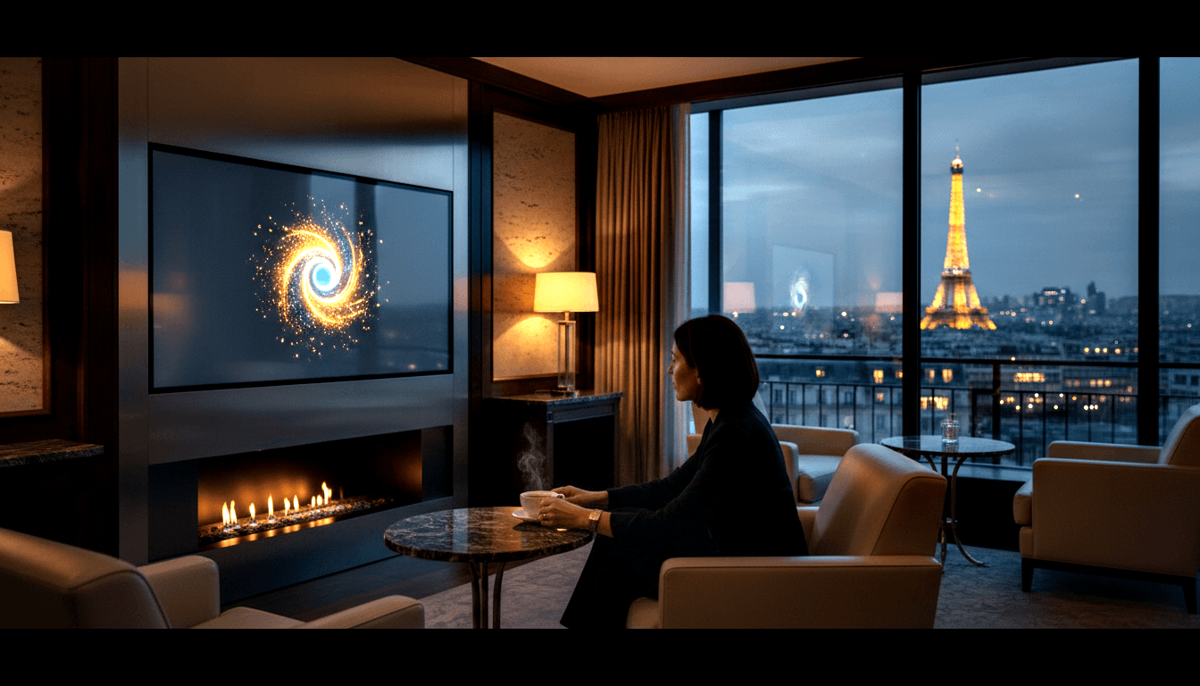 Woman in black sits in cream armchair with white cup, watching TV above fireplace; glowing lattice tower visible at night outside.