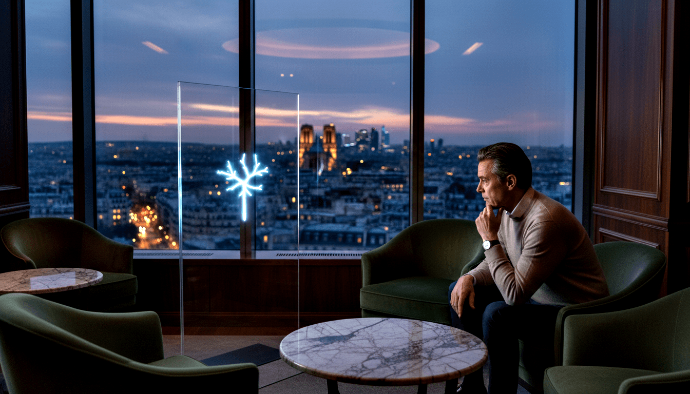 Man in camel turtleneck sits in green velvet armchair, hand to chin, before dusk cityscape with cathedral silhouette.