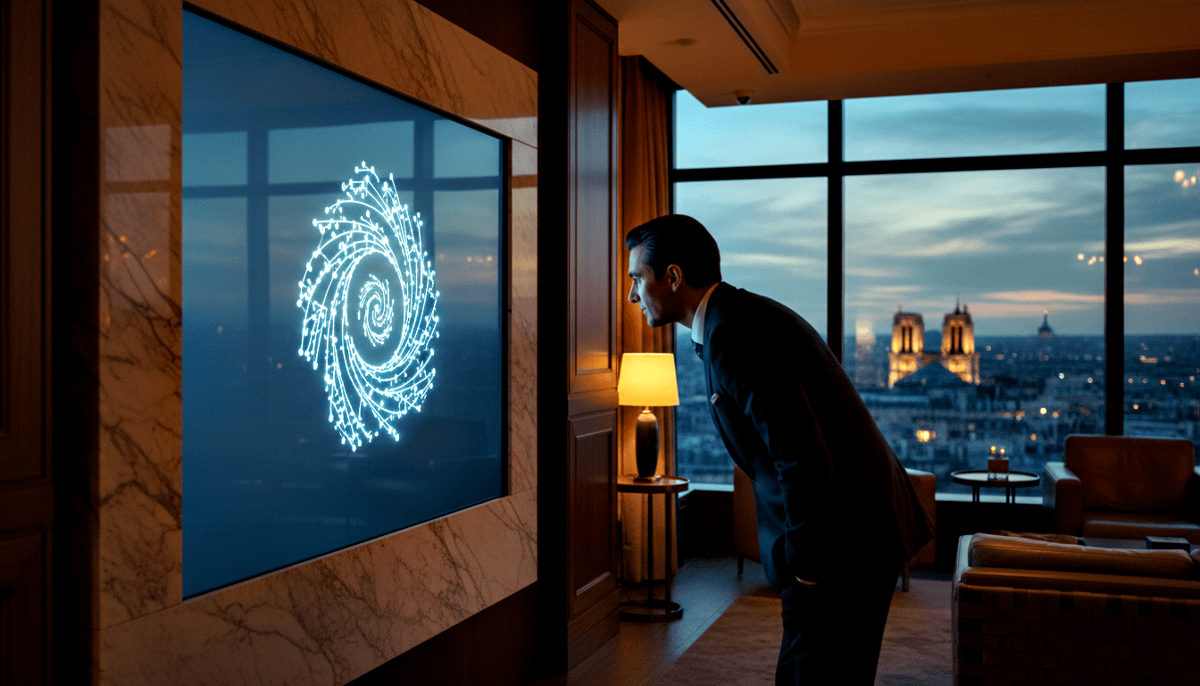 Man in dark suit leaning toward a marble-framed display showing a glowing white spiral network on deep blue background.