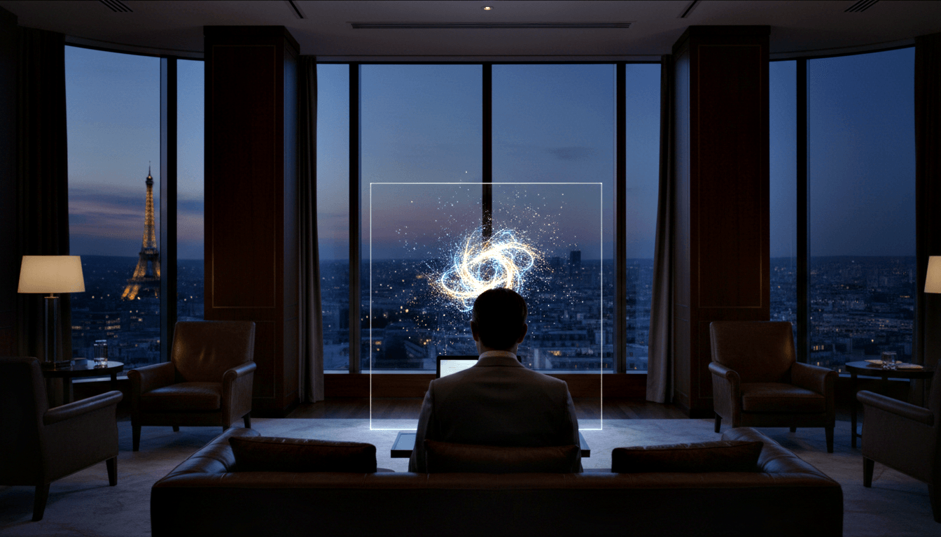 Person seated on dark leather sofa, viewed from behind, facing floor-to-ceiling windows with city skyline at dusk and glowing lattice tower.