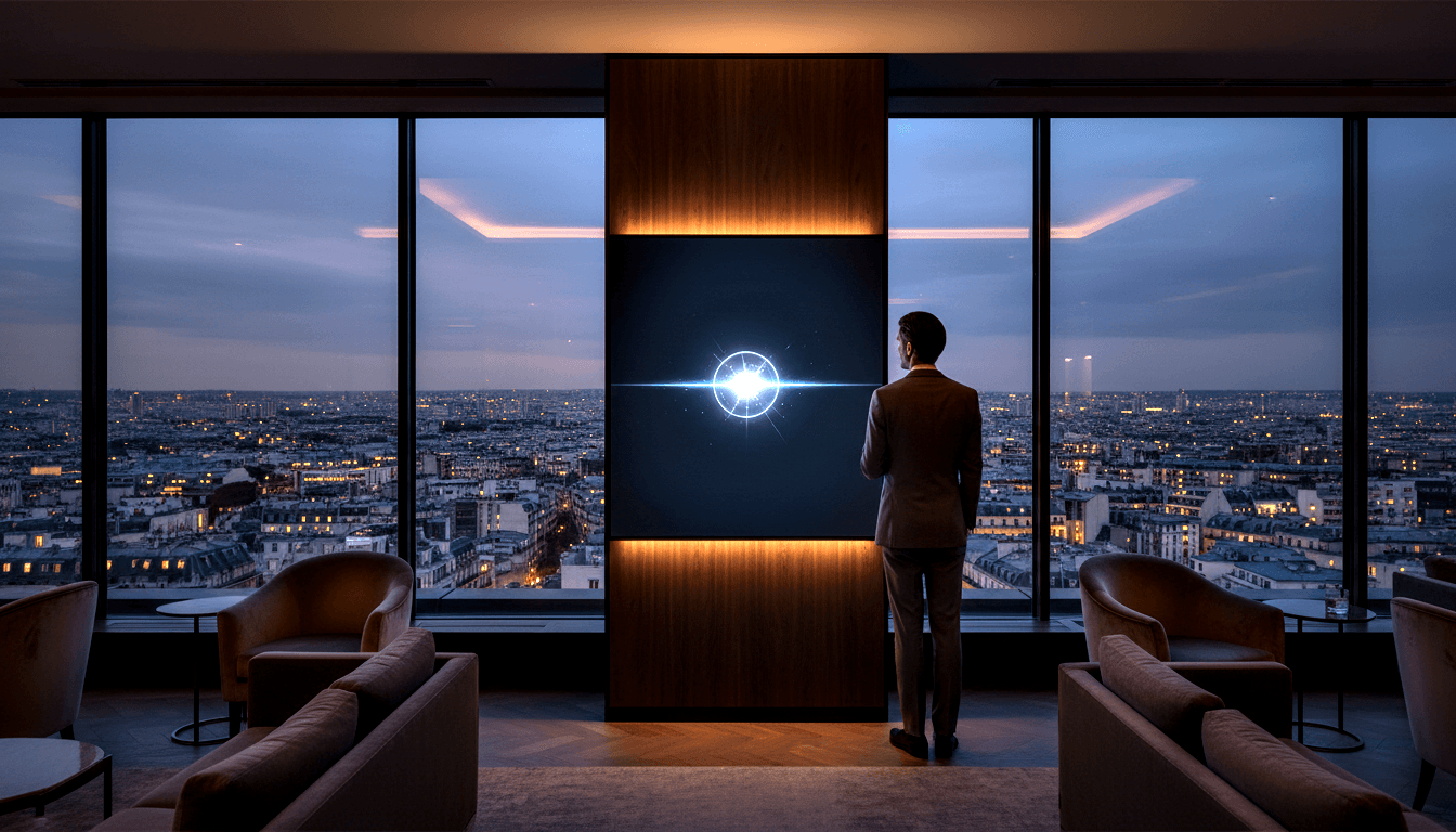 Person in gray-beige suit facing a glowing starburst orb on a dark walnut column, flanked by leather armchairs in a room with city views.