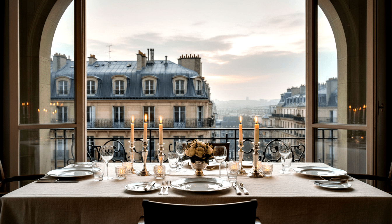 Formally set dining table with white linen, crystal glasses, and roses framed by an arch opening to a limestone cityscape at twilight.