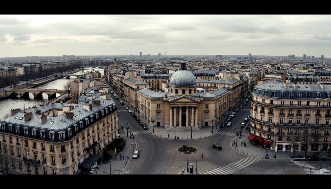 Aerial view of neoclassical domed building with broad plaza, radiating streets, Haussmann blocks, and stone bridge over river.