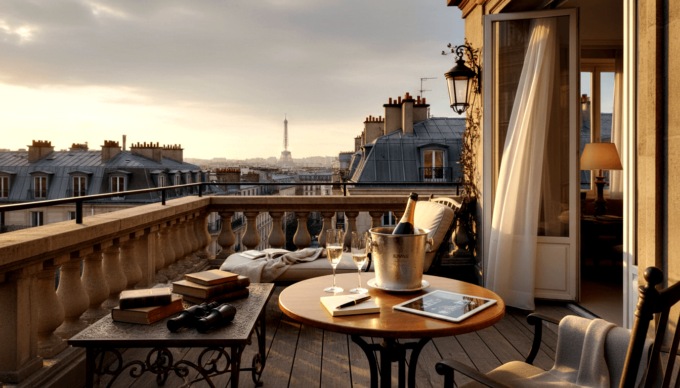 Round bistro table with KRUG ice bucket, champagne bottle, two flutes, tablet, and notebook on an outdoor terrace at golden hour.