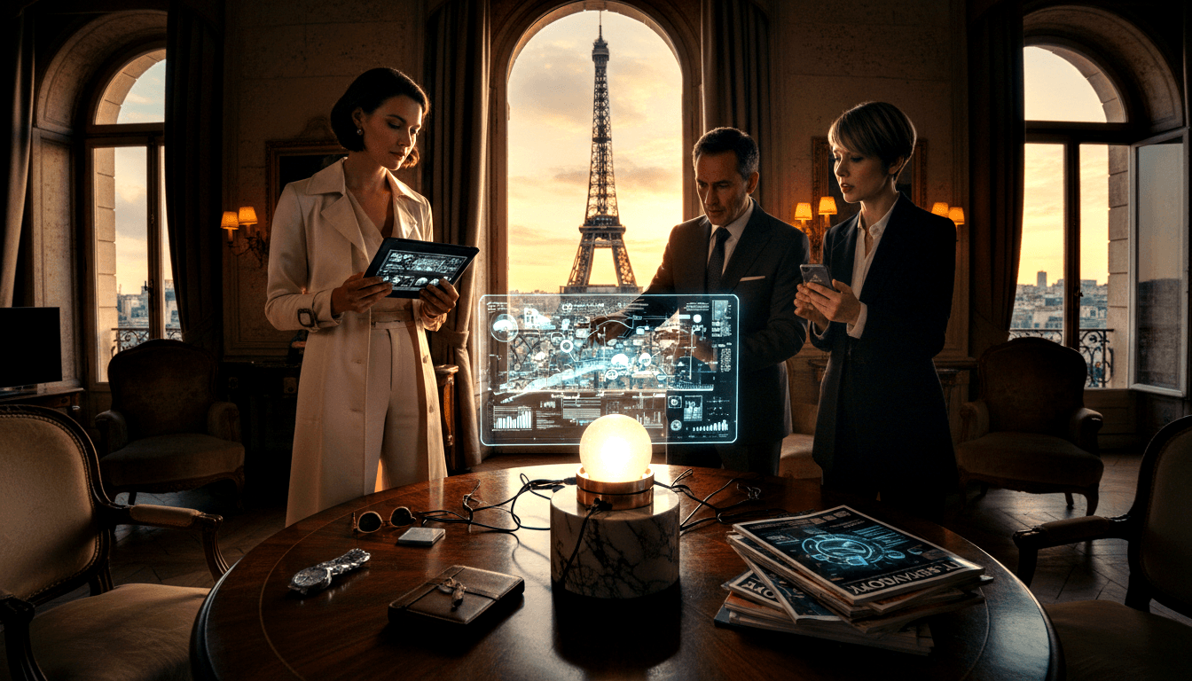 Three figures at a circular table; suited man points at cyan holographic display, flanked by two women with tablet and smartphone.