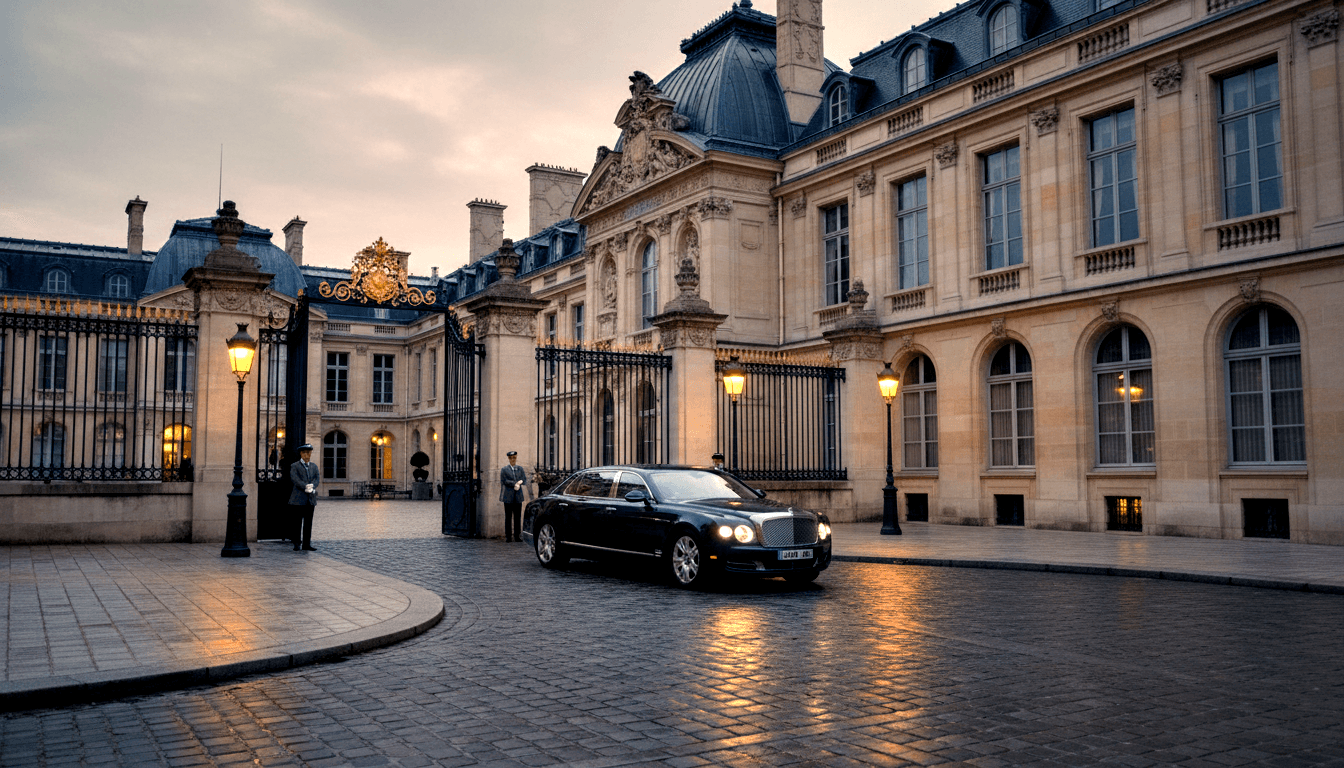 Dark sedan with headlights on faces ornate gilded palace gates; three uniformed figures stand at pillars on wet cobblestone at dusk.