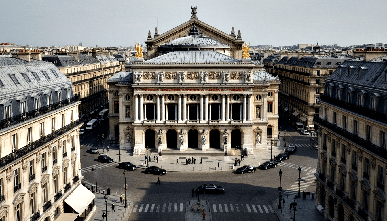 Beaux-Arts building with colonnades, gold sculptural figures, and domed roof anchors a symmetrical plaza with cream limestone buildings.