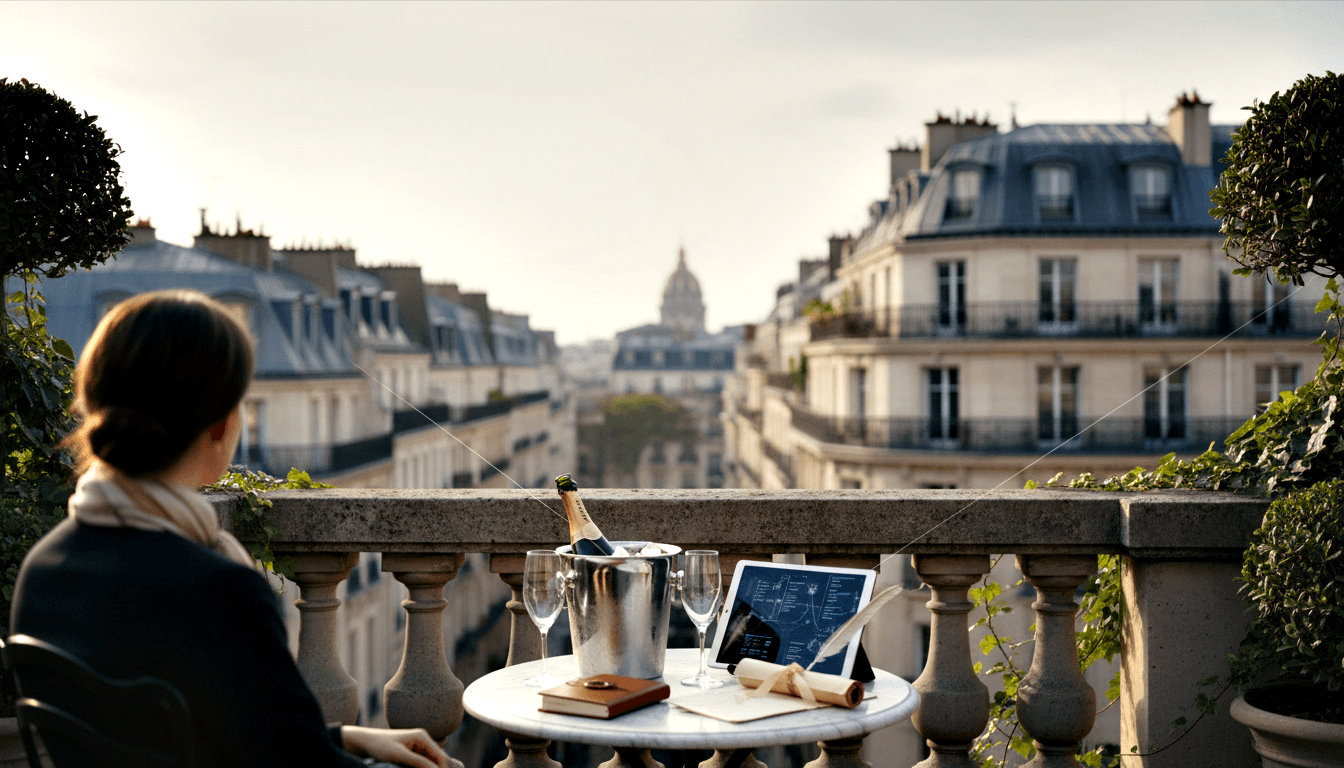 Woman from behind on stone balcony overlooks limestone cityscape with mansard roofs and dome; table has champagne flutes and ice bucket.