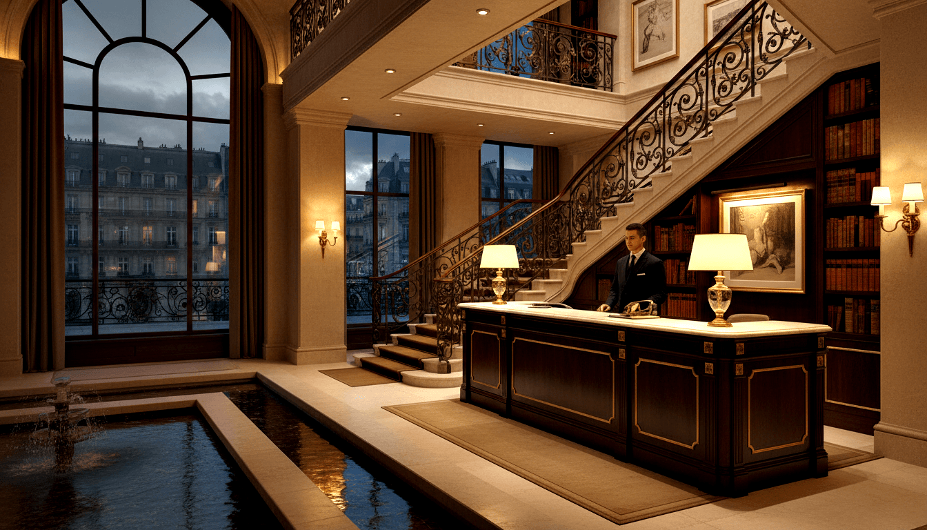 CGI grand lobby: mahogany-gold reception desk, curved wrought-iron staircase, bookshelves, reflecting pool with fountain.