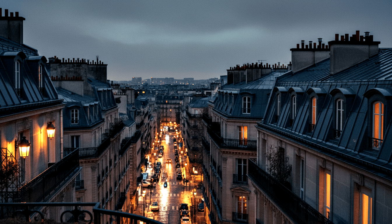Rain-slicked urban street at civil twilight with symmetrical stone buildings, mansard roofs, and amber street lamps reflecting on wet pavement.