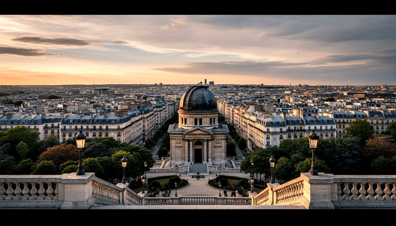 Neoclassical green-domed building with columned portico, viewed from balustraded terrace over formal gardens at golden hour.