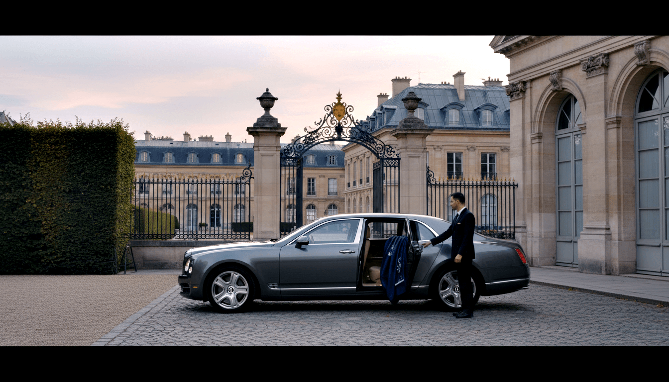 Steel-grey luxury sedan with rear door open on cobblestone courtyard, male attendant in dark suit holding navy fabric beside wrought-iron gates.