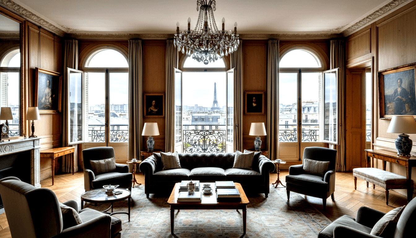 Classical salon: taupe paneled walls, velvet Chesterfield sofa, herringbone parquet, arched French doors, balcony, crystal chandelier.