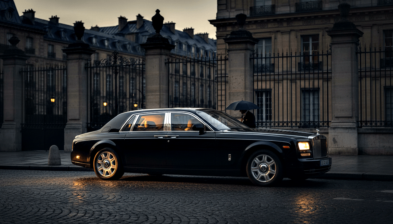 Dark luxury sedan with chrome grille and coach doors on wet cobblestones at dusk, attended by a person holding an umbrella.