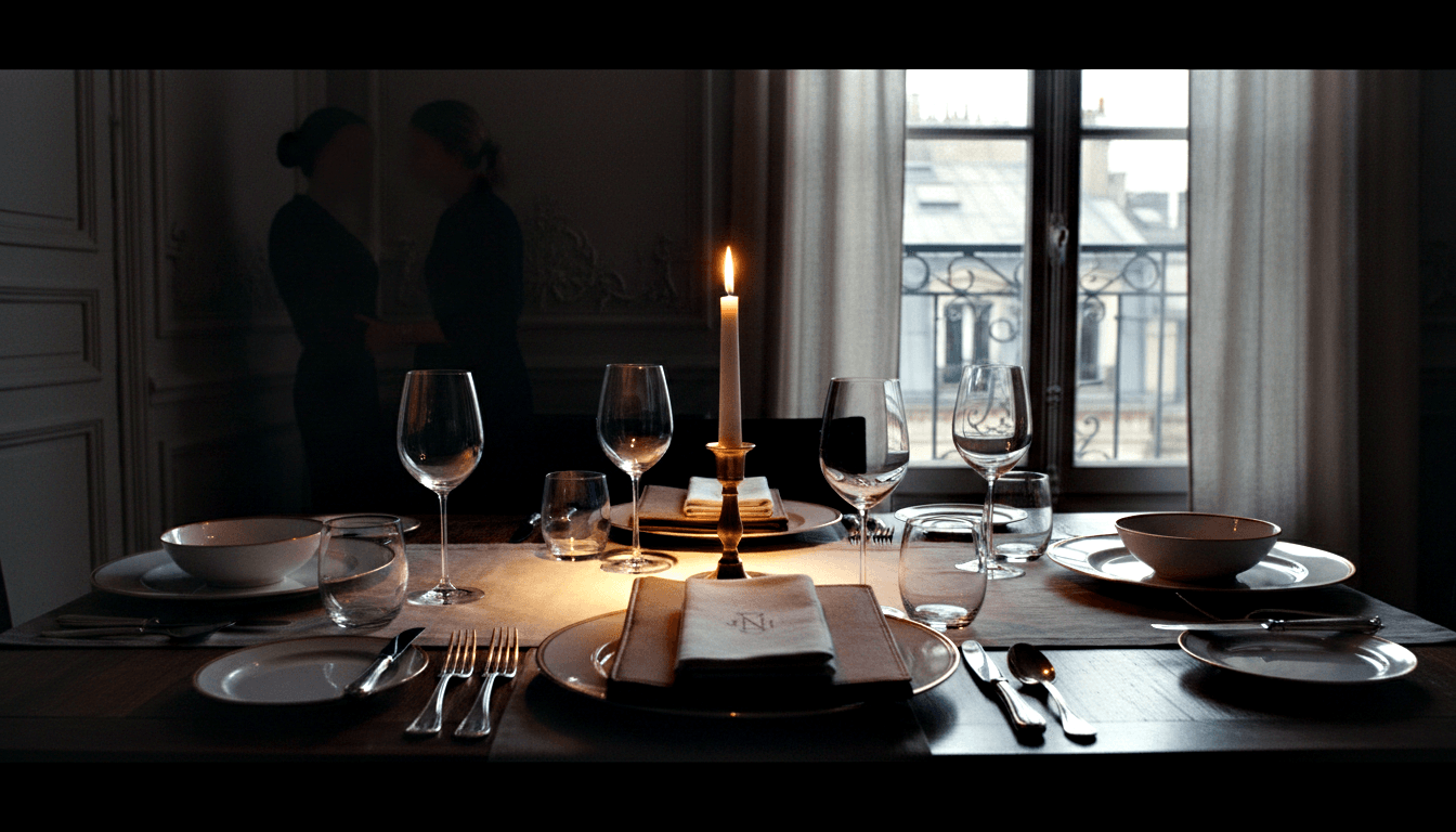 Formal dining table with gold-rimmed plates, wine glasses, lit brass candlestick; two silhouetted figures converse in elegant room.