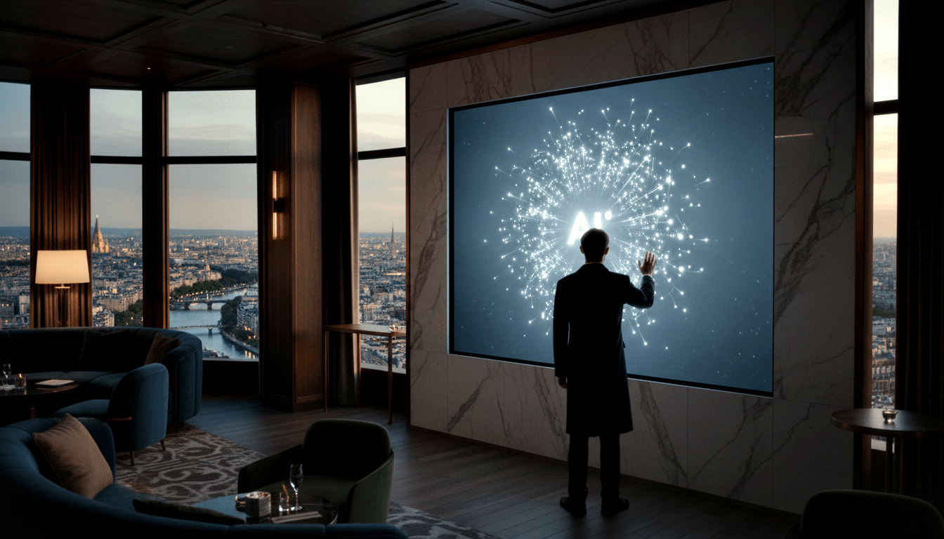 Man in dark suit facing large wall screen showing a glowing node-and-line network, in a room with marble panels and blue velvet sofa.