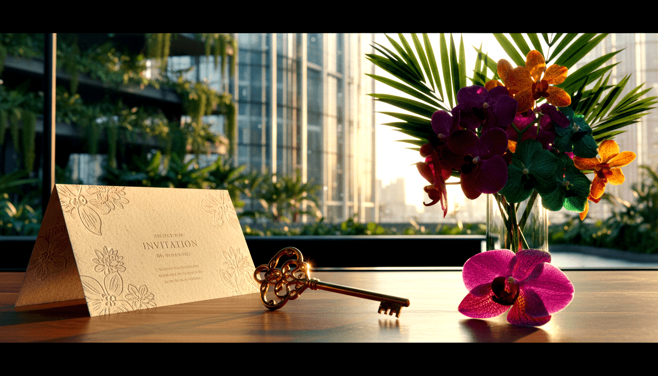 CGI still-life with embossed cream card, golden skeleton key, pink orchid bloom, and glass vase of multicolored orchids on warm wood.