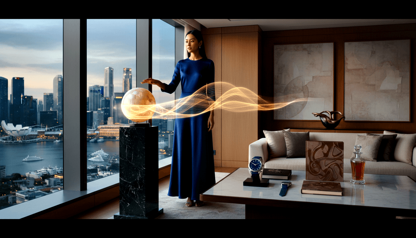Woman in navy dress extends arm toward glowing orb on black pedestal, amber energy streams, twilight skyline behind.