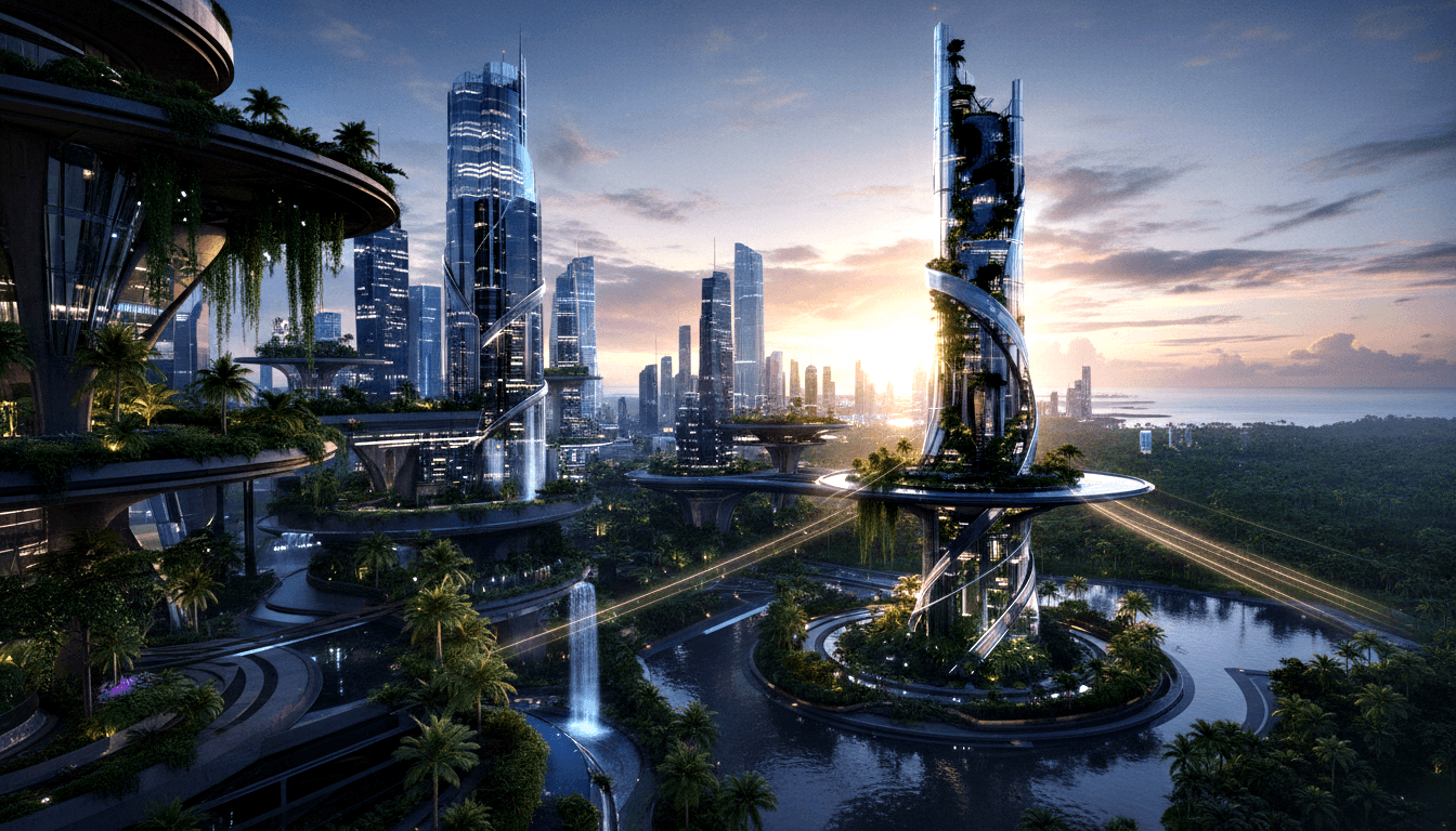 CGI futuristic coastal city at twilight with glass skyscrapers, hanging gardens, helical tower, and glowing elevated highways.