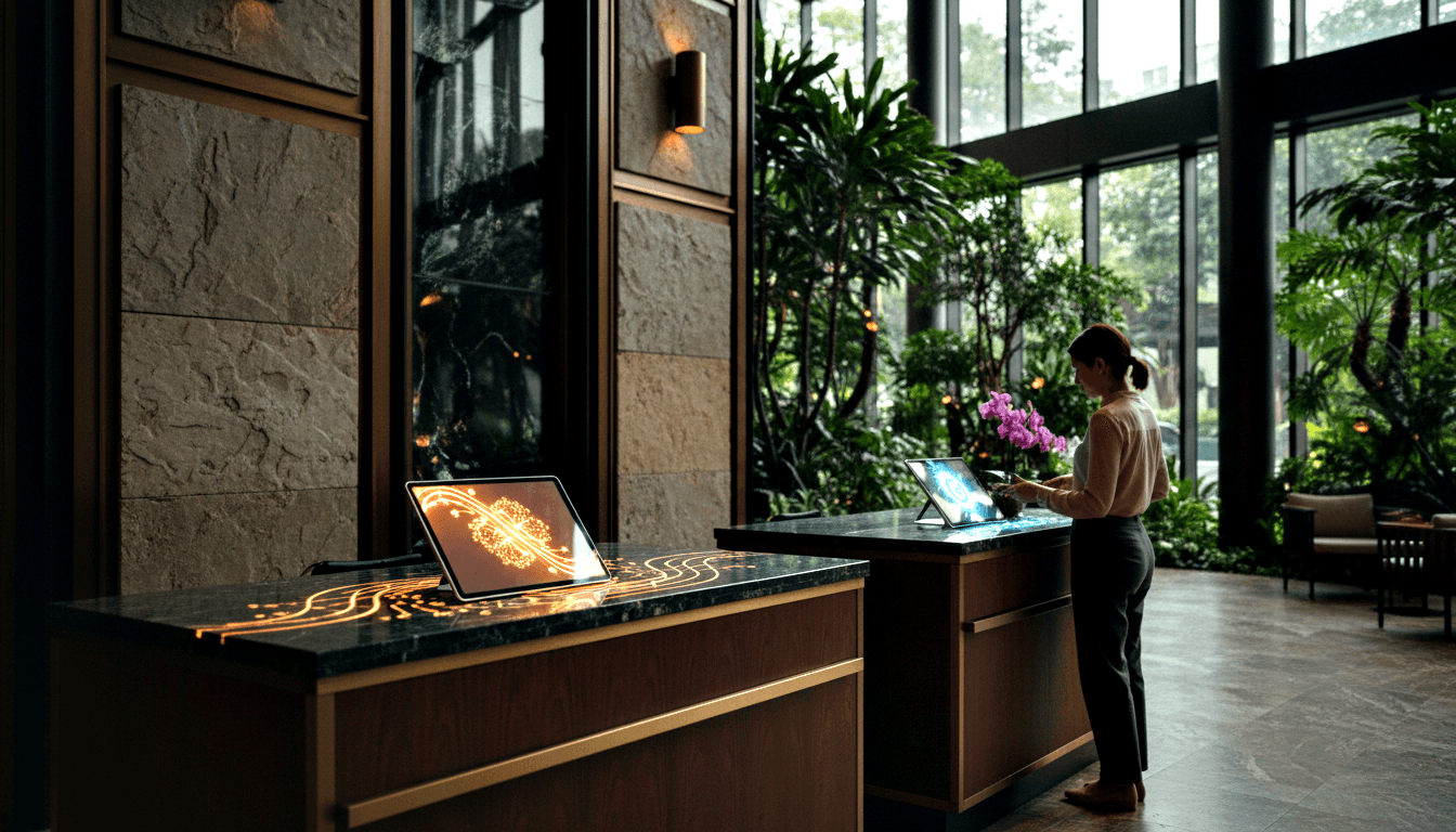 Lobby with two dark marble gold-trimmed reception counters, glowing tablets, staff arranging purple orchids, glass wall with tropical foliage.