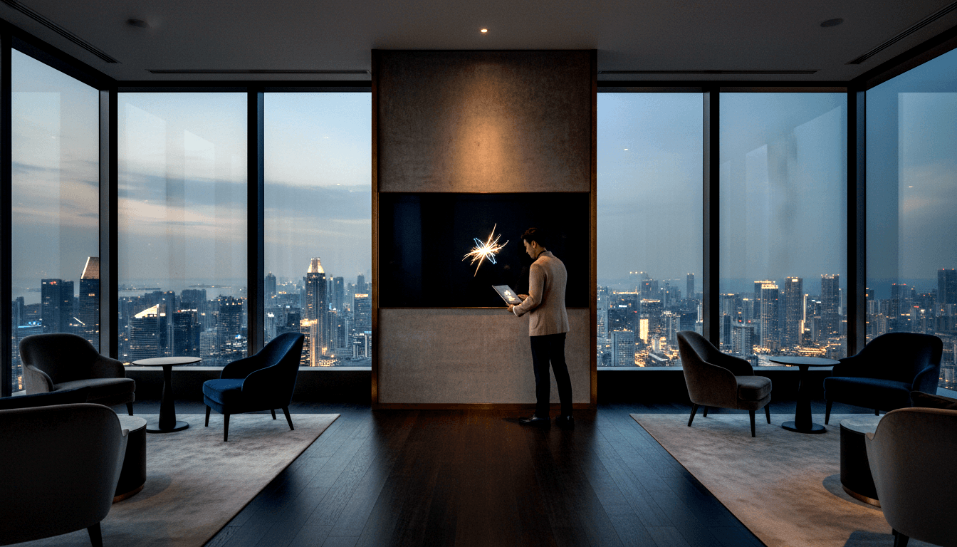 Dark-haired young adult in cream blazer holds open laptop facing a large wall-mounted multicolored starburst display in a dim high-rise lounge.
