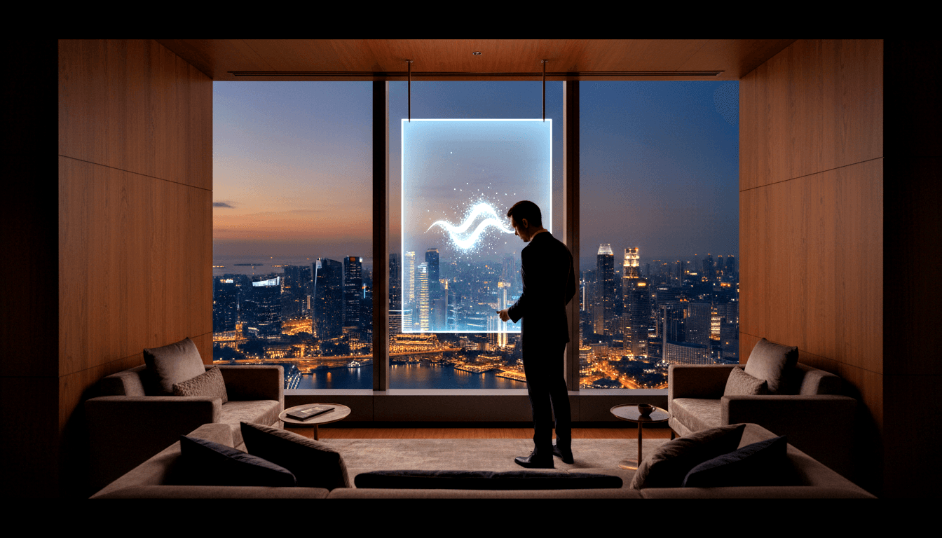 Man in dark suit stands before a glowing holographic display with sine-curve graphic in a dim high-rise lounge with nighttime waterfront skyline.