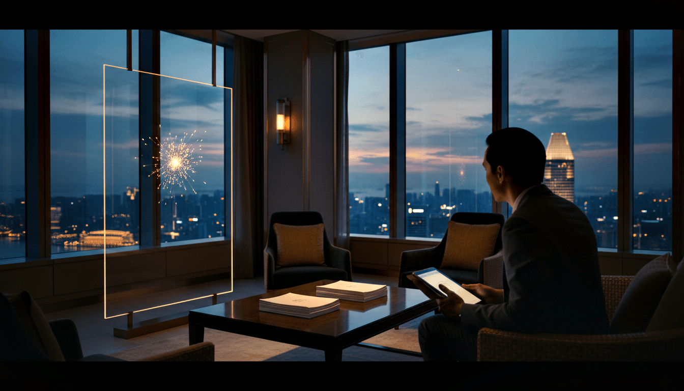 Dark-suited man holds tablet in armchair; glowing amber frame hovers left; nighttime city skyline visible through corner windows.