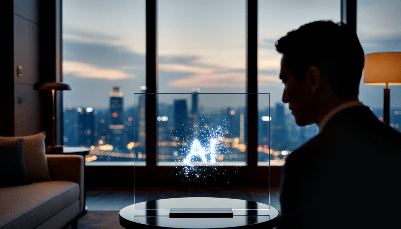 Silhouetted man in dark suit facing glowing holographic 'AI' panel on black pedestal table in dimly lit high-rise at dusk.