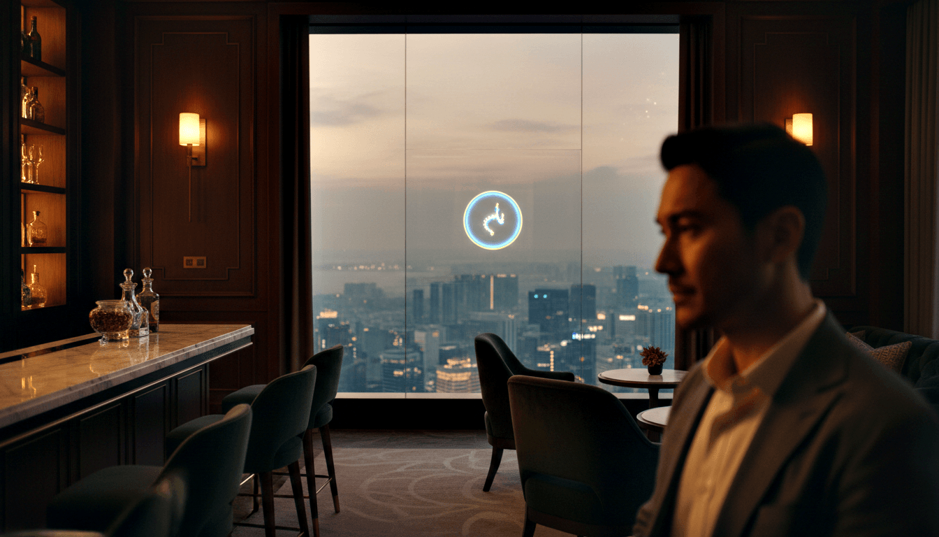 Man in gray blazer stands in profile before marble bar with green velvet stools and glowing holographic icon on city window.