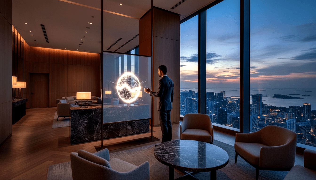 Man in navy suit touches glowing holographic lattice sphere on glass panel; wood-paneled room with twilight cityscape beyond.