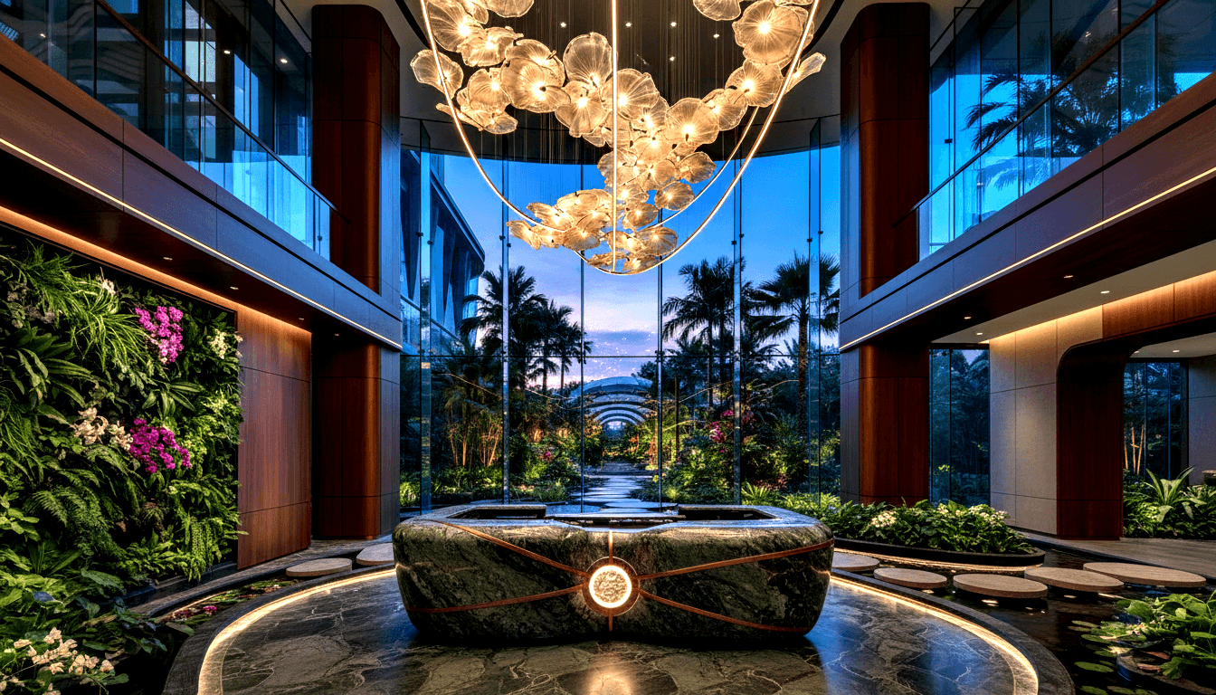 Atrium with green marble desk, glass flower chandelier, living plant wall, lily-pad water features, twilight view.