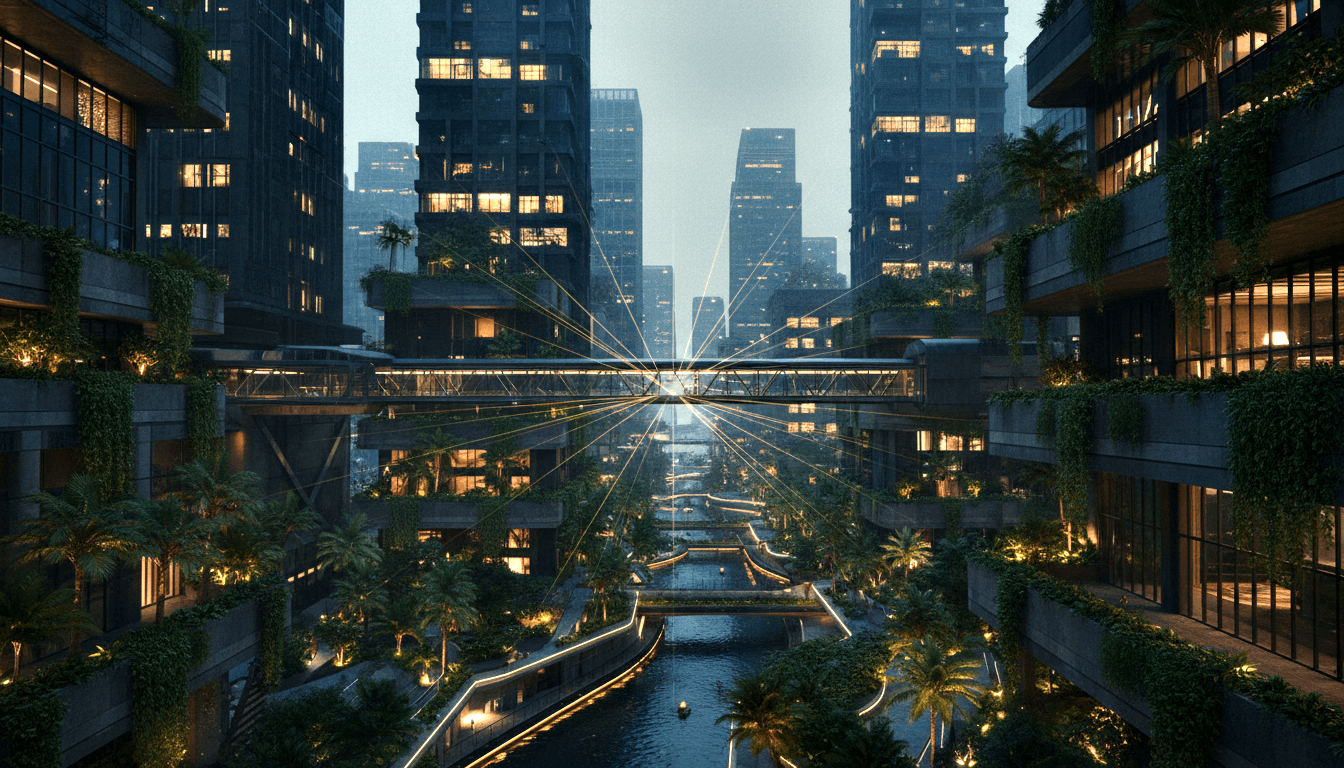 CGI urban corridor at twilight with vegetation-covered skyscrapers flanking a central canal and an elevated glass-and-steel bridge.
