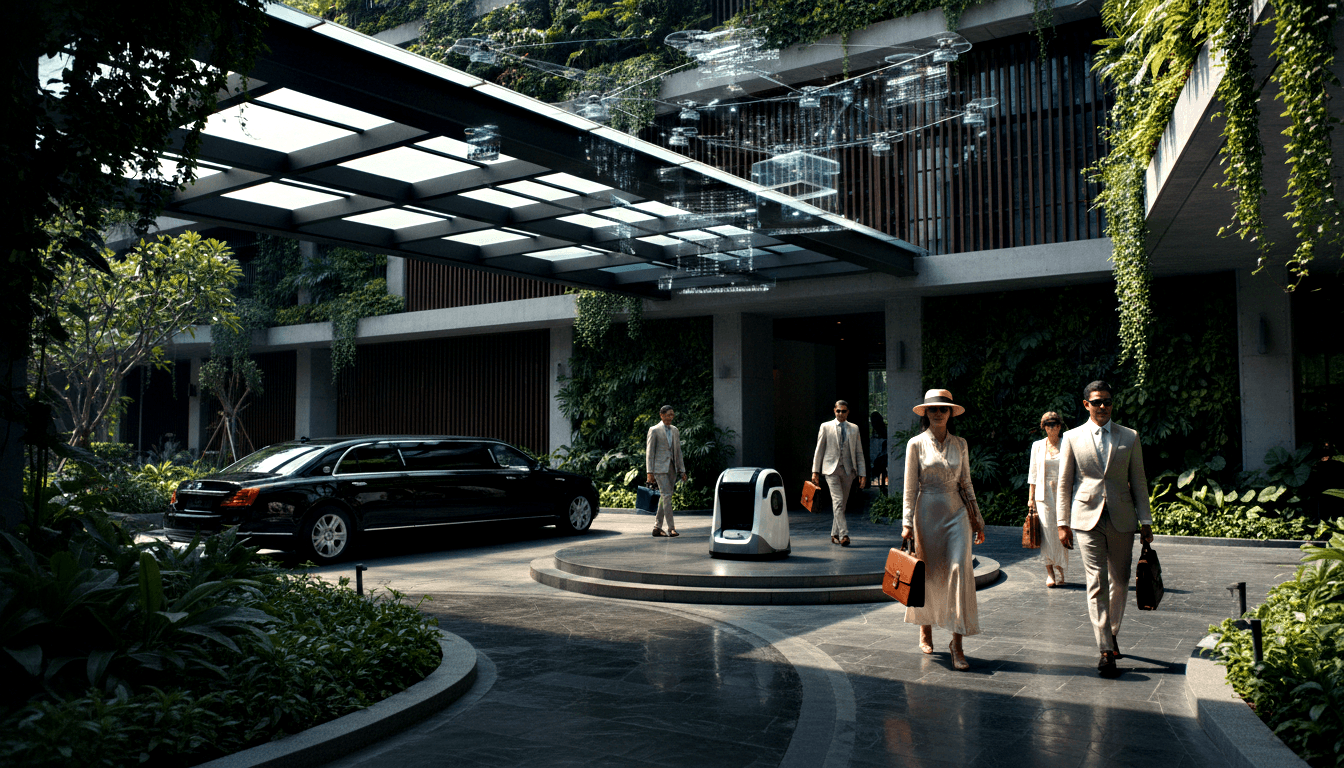CGI building entrance: glass-steel canopy, living walls, white autonomous robot on platform, elegant figures, black sedan, midday light.