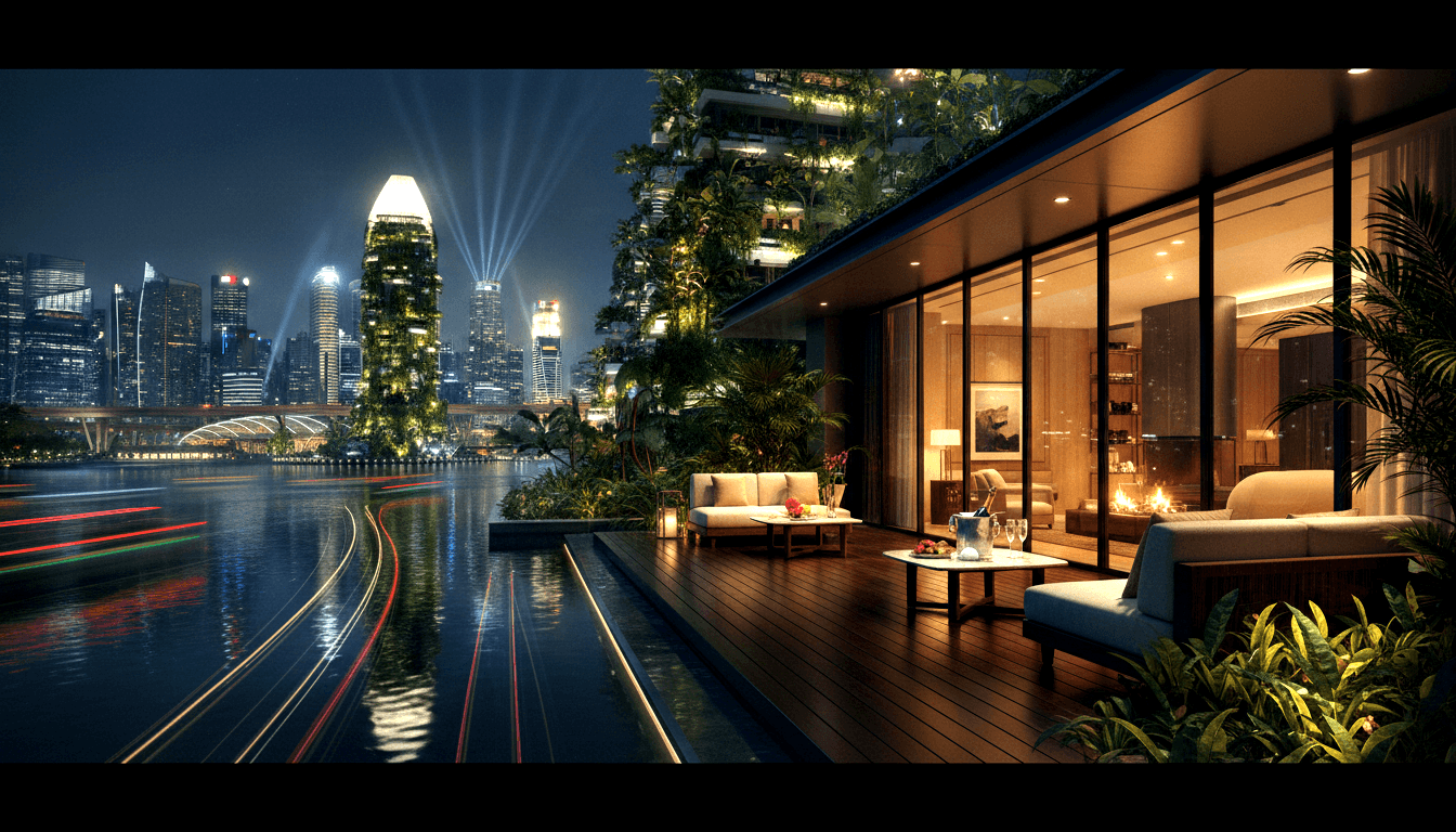 Night terrace with gray lounge furniture, marble table, ice bucket, wine glasses; river reflects light trails; towers with green gardens beyond.