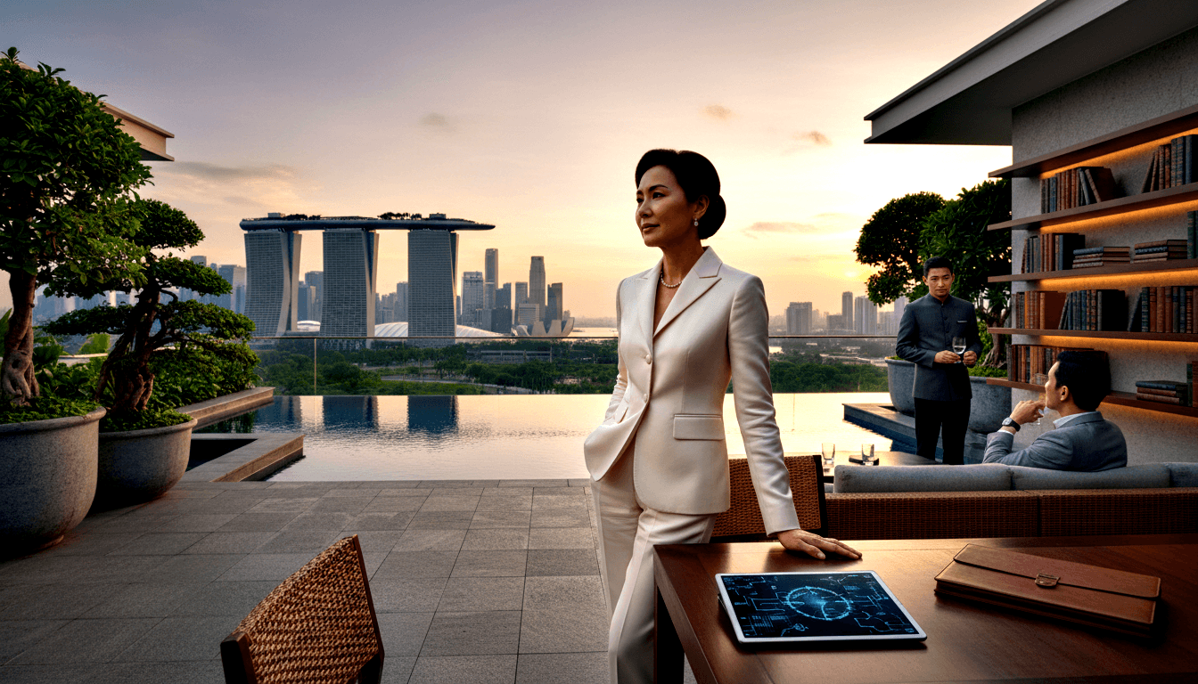 Woman in white pantsuit at rooftop table with tablet; infinity pool, bonsai, and city skyline at sunset behind her.
