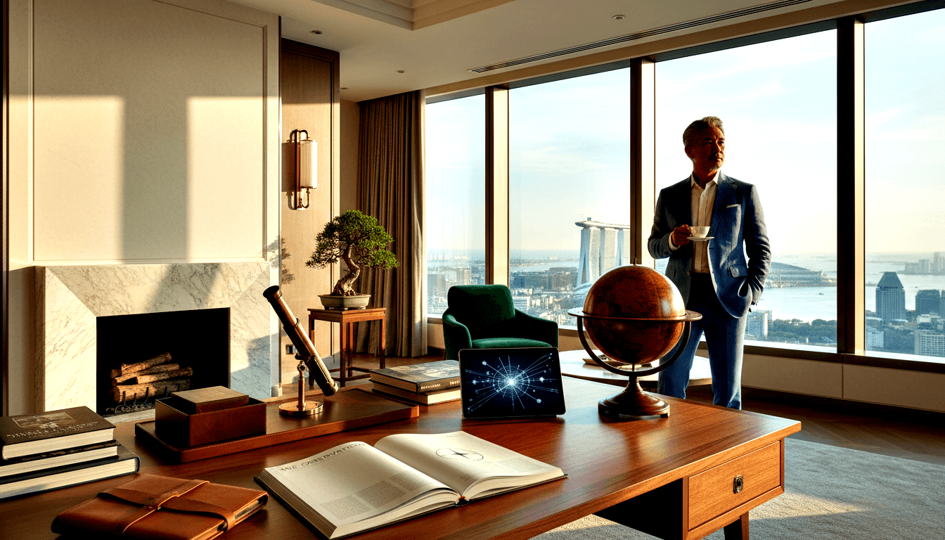 Middle-aged man with gray-streaked hair in a blue-gray suit holds a small cup near floor-to-ceiling windows overlooking a coastal city skyline.