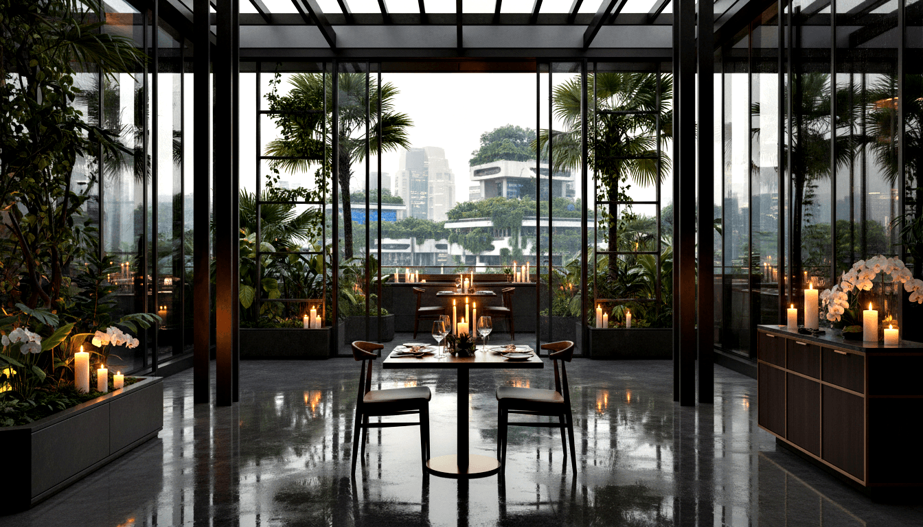 Table set for two in glass-walled restaurant with tropical foliage, pillar candles, orchids, and city skyline views.