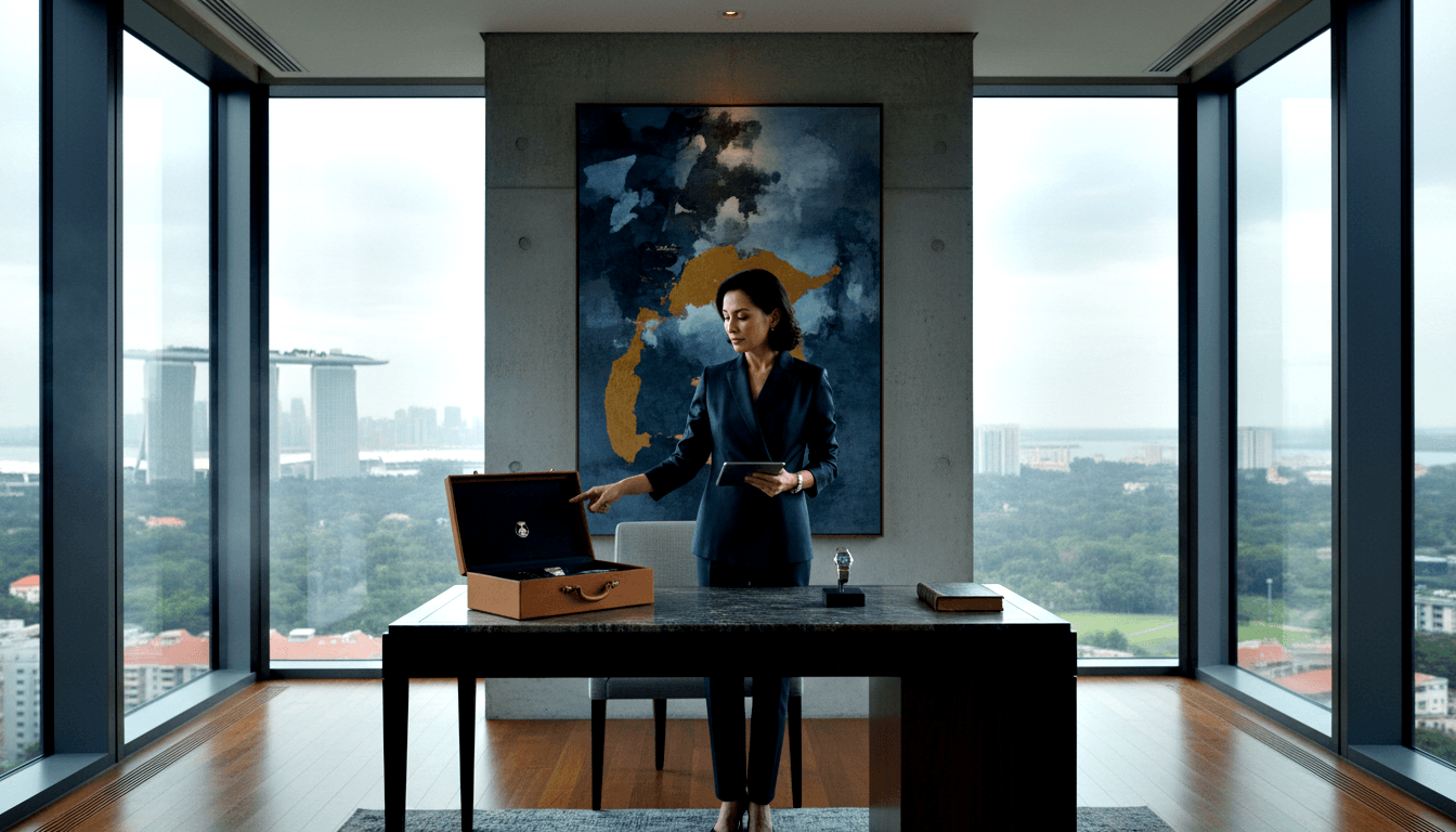 Dark-haired woman in navy suit stands behind executive desk, pointing at open tan leather display case while holding a tablet.