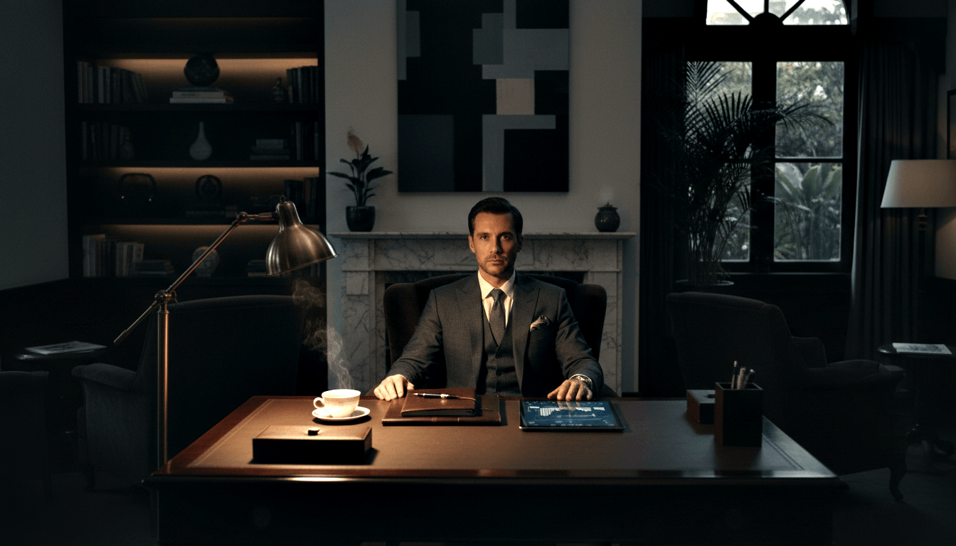 Dark-haired man in charcoal three-piece suit sits behind executive desk with teacup, portfolio, fountain pen, lamp, and tablet showing charts.