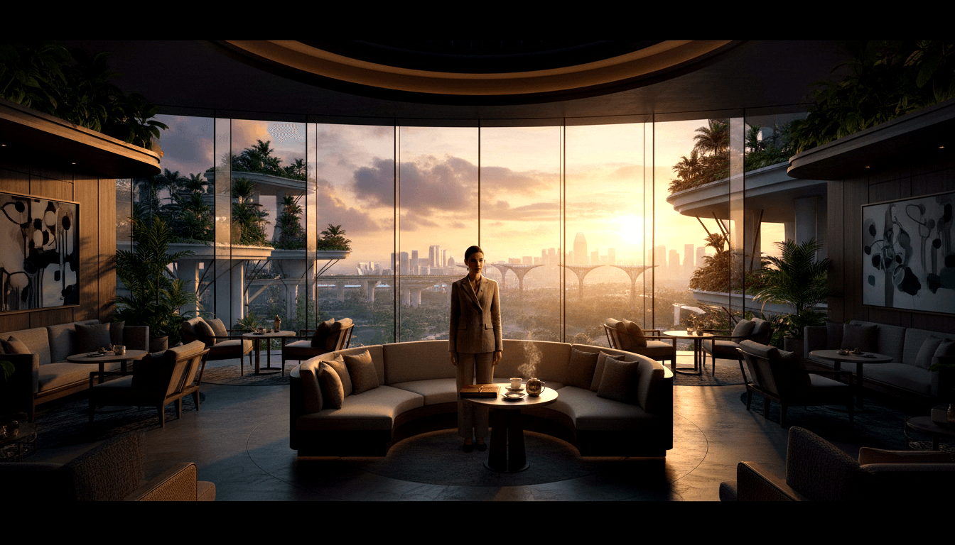 Woman in beige tailored suit stands before floor-to-ceiling curved windows with golden-hour sunset and lavender clouds in a CGI high-rise lounge.