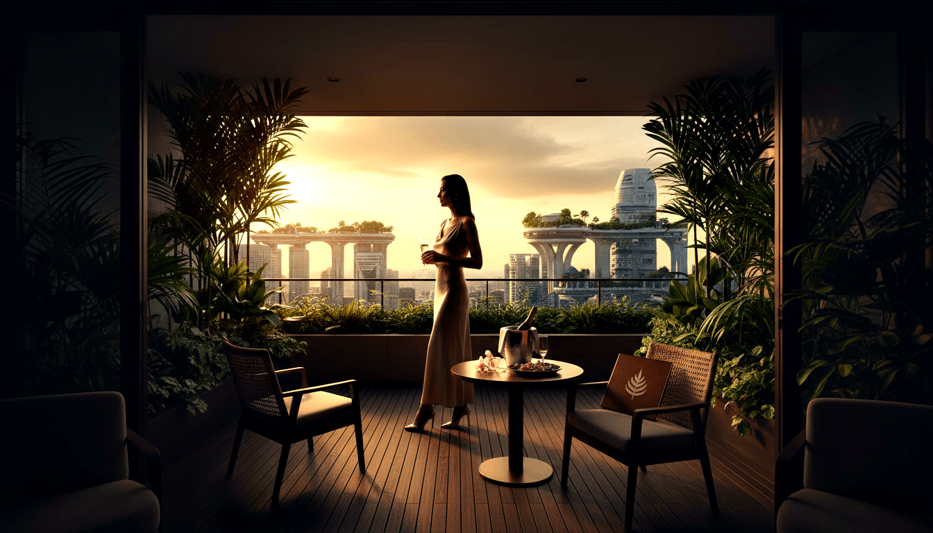 Dark-haired woman in cream slip dress holds stemmed glass on penthouse terrace at sunset, with CGI cityscape and skyscrapers behind her.