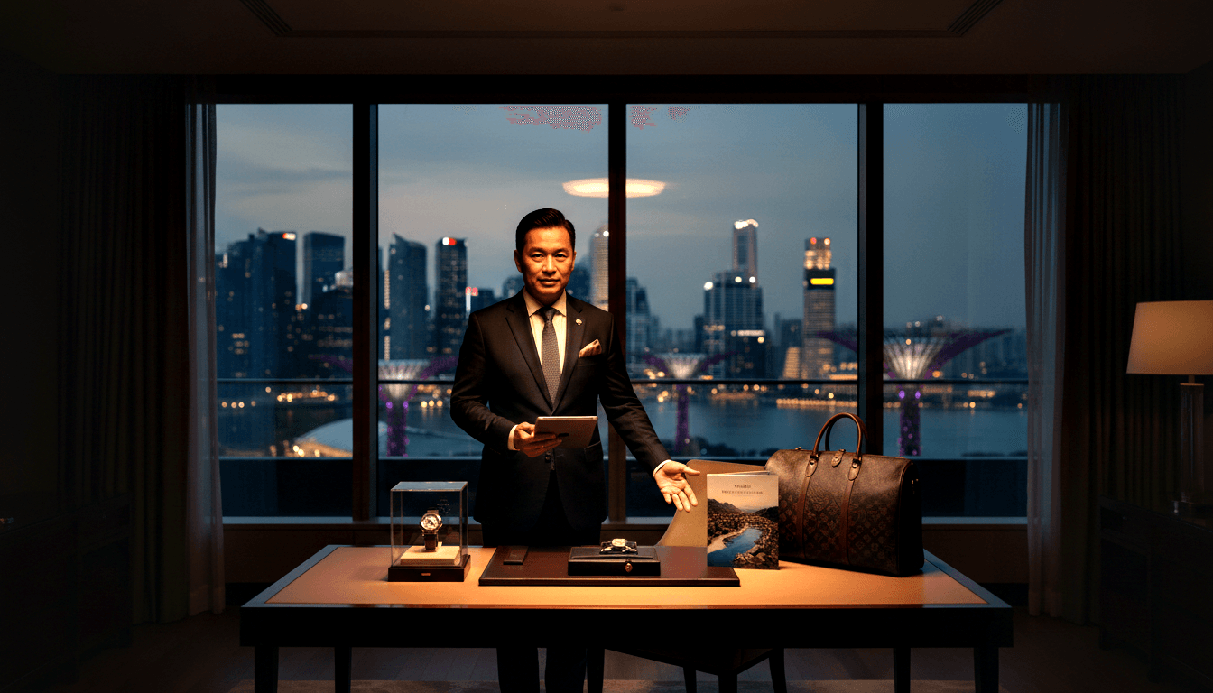 Man in suit stands behind lit table with watch in glass case, jewelry boxes, monogram leather duffel bag, and booklet; waterfront skyline behind.