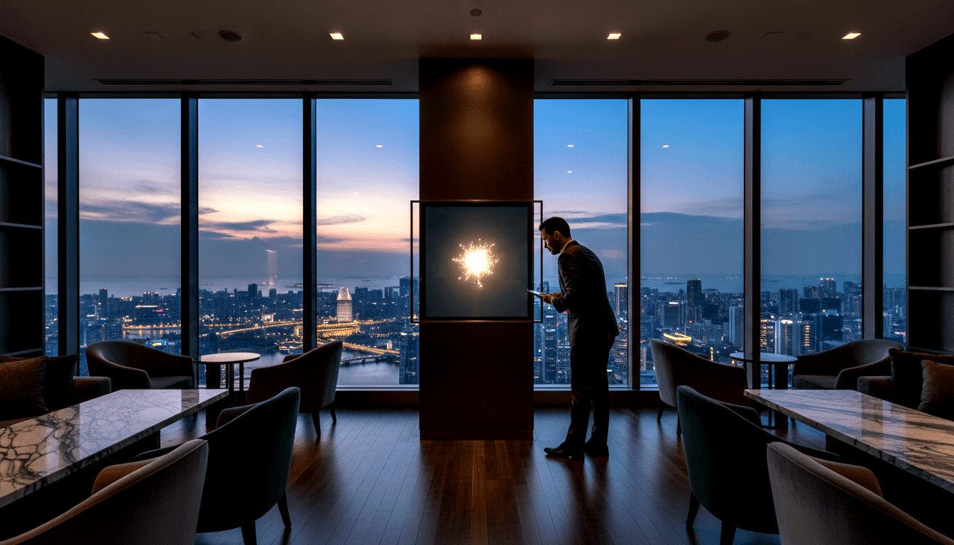 Man in dark suit looks down at handheld device in high-floor lounge with floor-to-ceiling windows showing twilight cityscape.