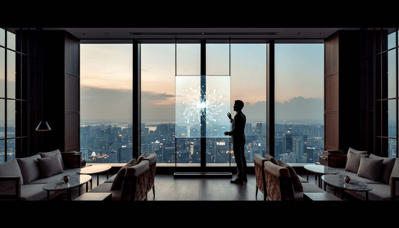 Silhouetted figure gestures at glowing cyan network display; dusk amber-pink skyline through floor-to-ceiling windows.