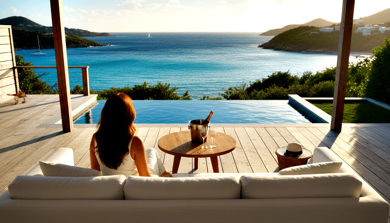 Woman on white sectional sofa faces turquoise ocean; infinity pool, green hillsides, champagne on ice nearby.